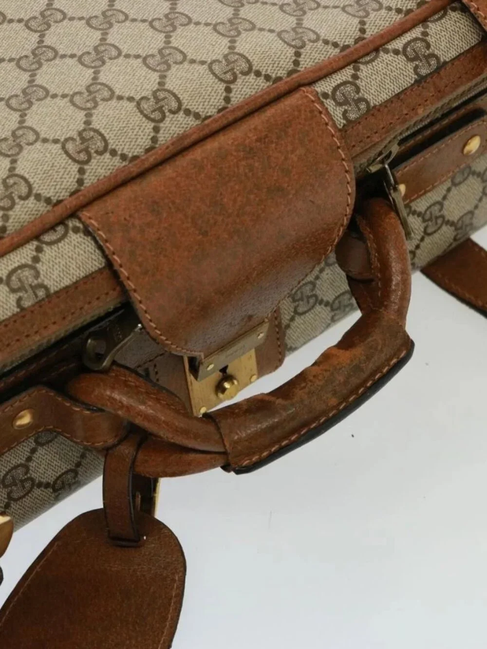 GUCCI GG Supreme Boston Bag PVC Beige Auth mr177